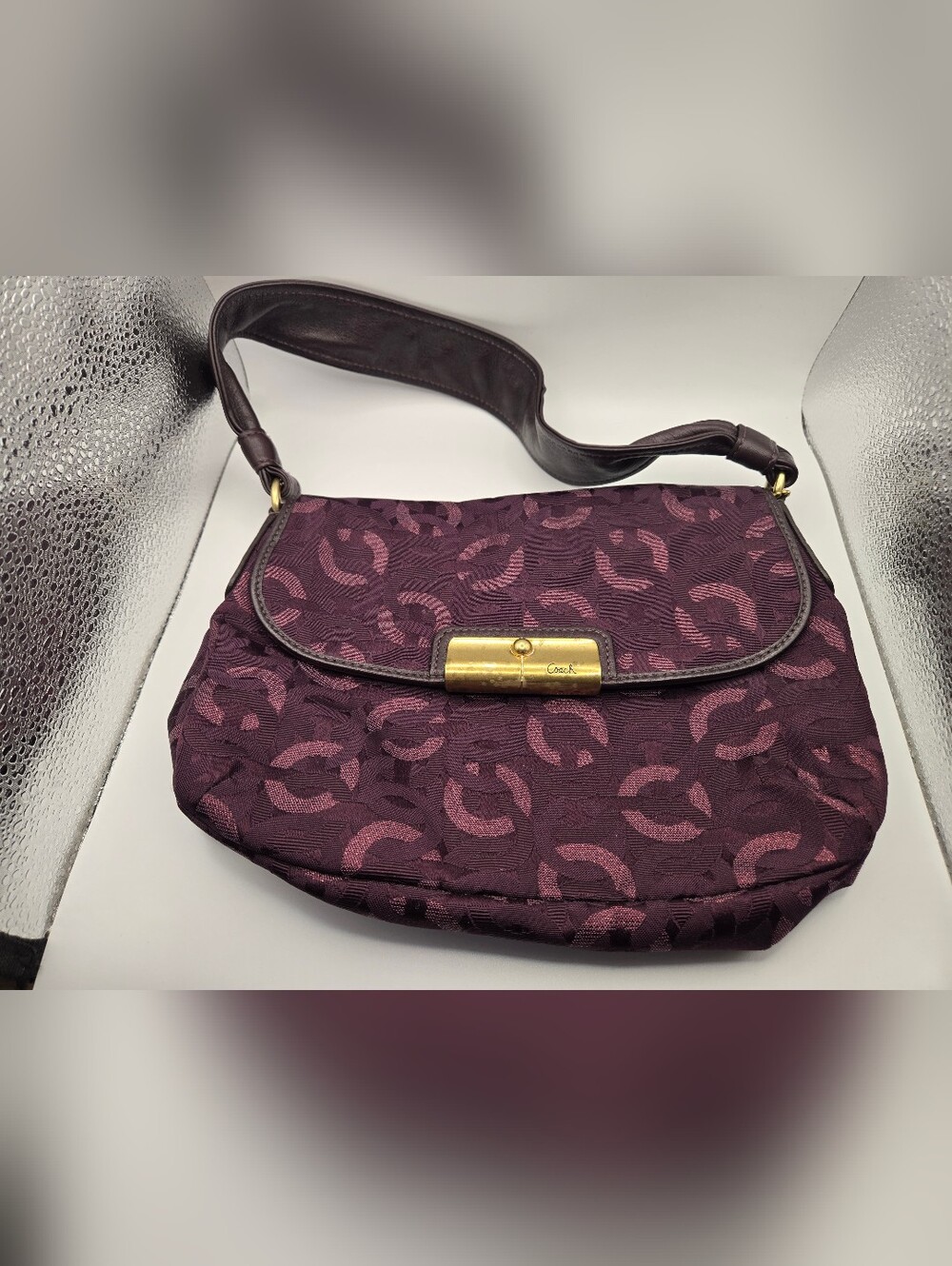 Coach Purple Berry Signature Shoulder Bag Gold-Tone Hardware Y2K Glitter READ